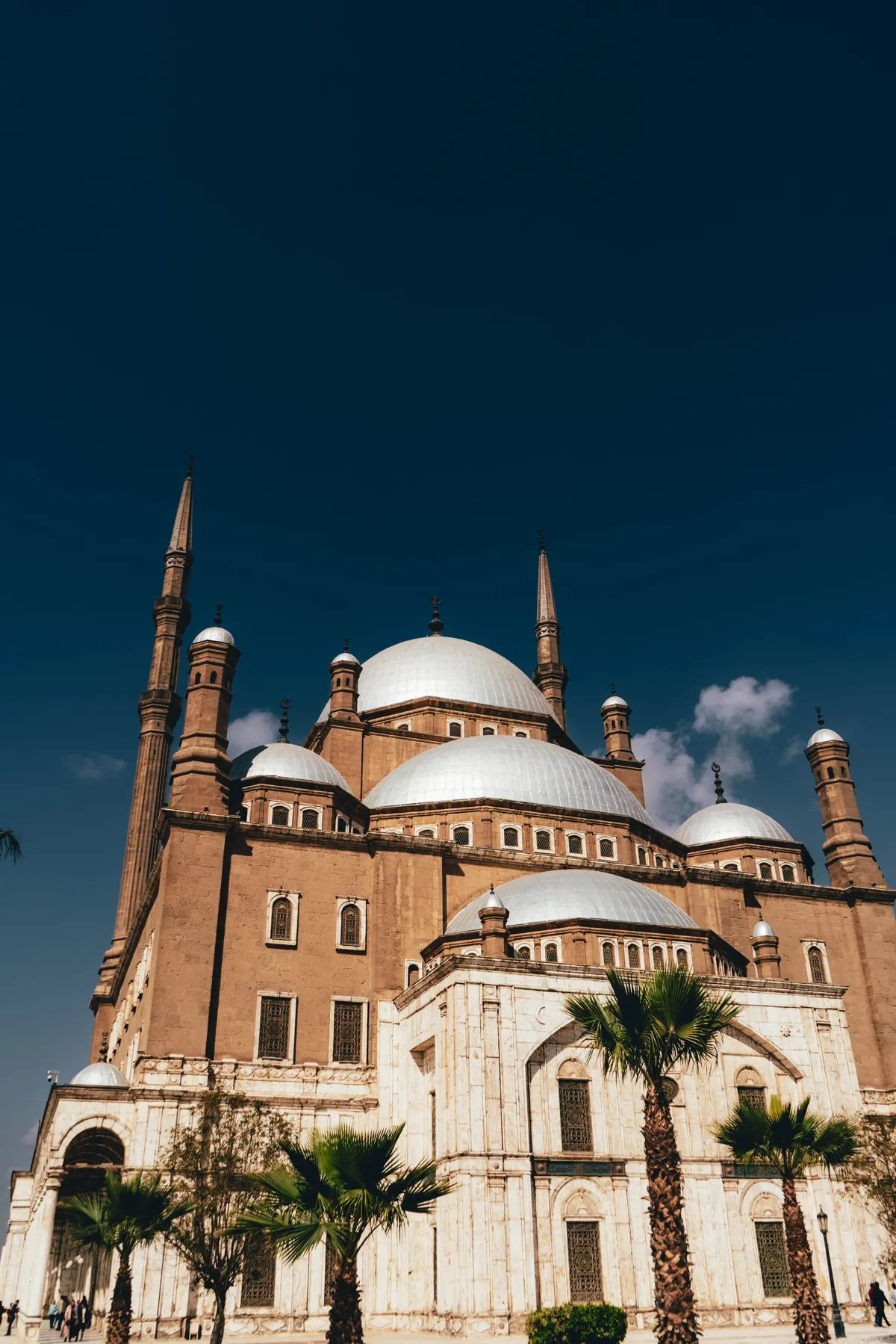 A large Ottoman-style mosque in Cairo with domes and tall minarets, framed by palm trees against a dark blue sky.