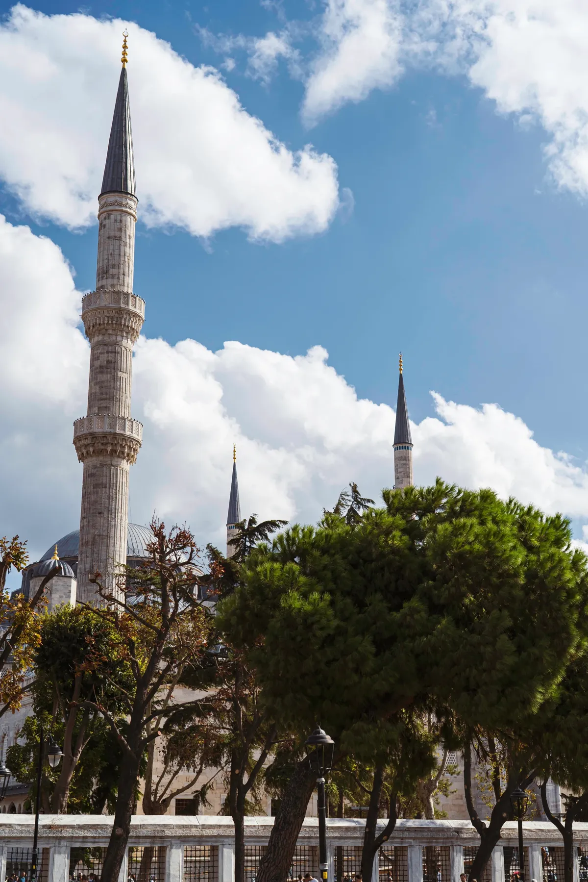Tall stone minarets rise above pine and plane trees against a blue sky with big white clouds in Sultanahmet.