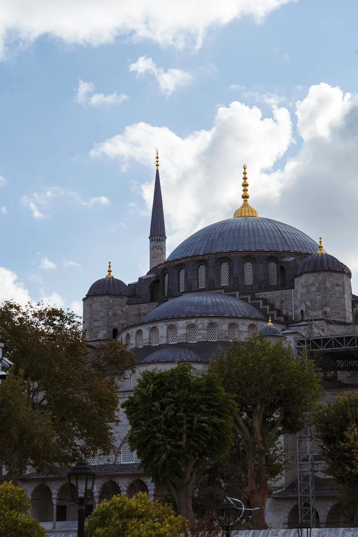 The grey domes, half domes and a slender minaret of a large mosque rise above trees in Sultanahmet.