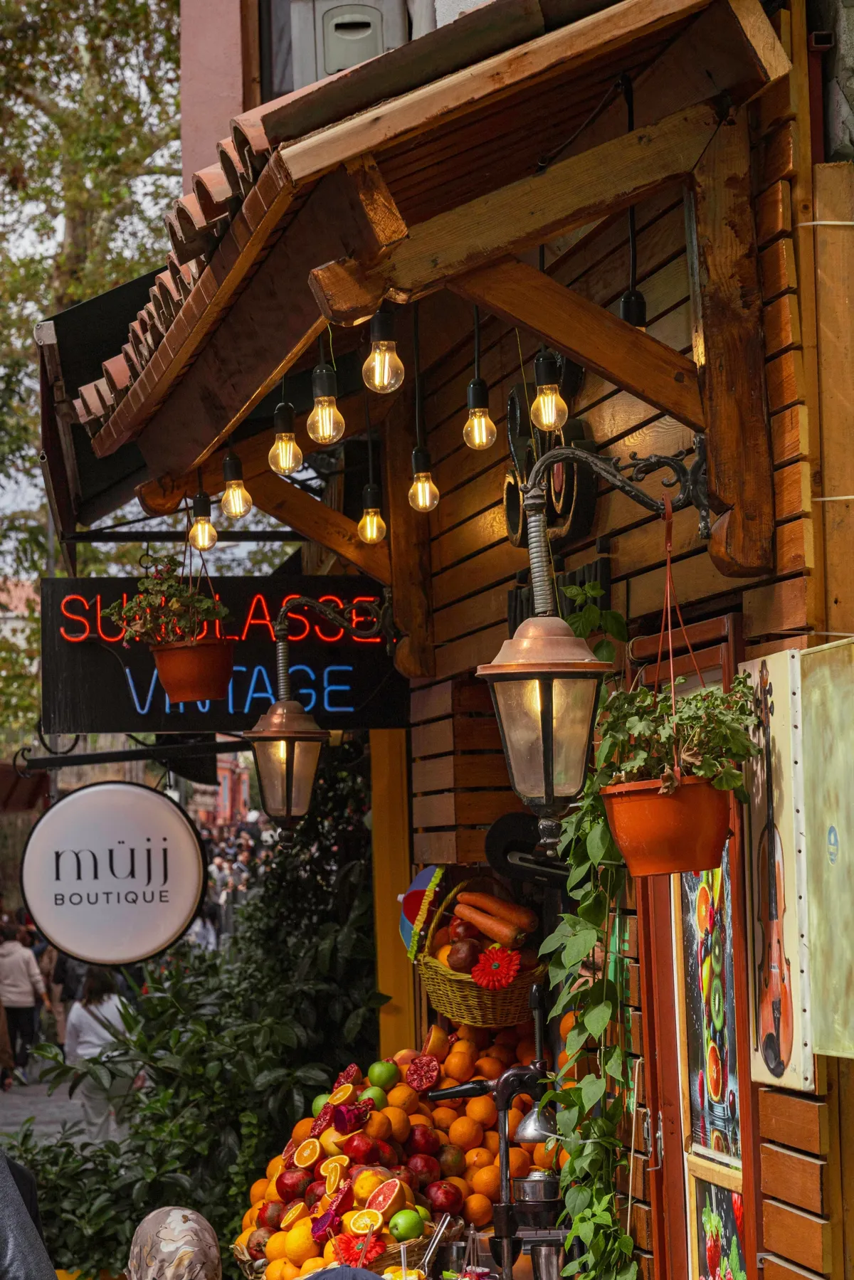 A wooden shopfront in Istanbul with hanging bulb lights, lanterns, potted plants and a basket of fresh fruit.