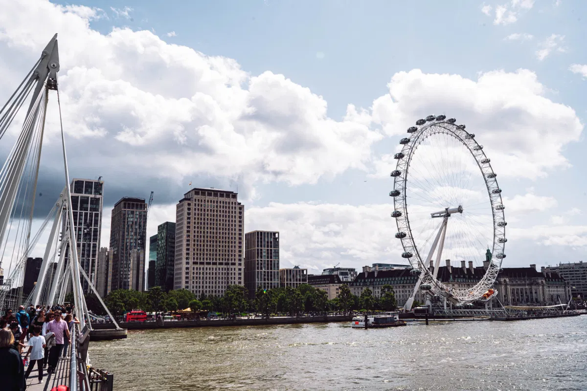 The London Eye beside the Thames, seen from a footbridge with pedestrians and white clouds in the sky.