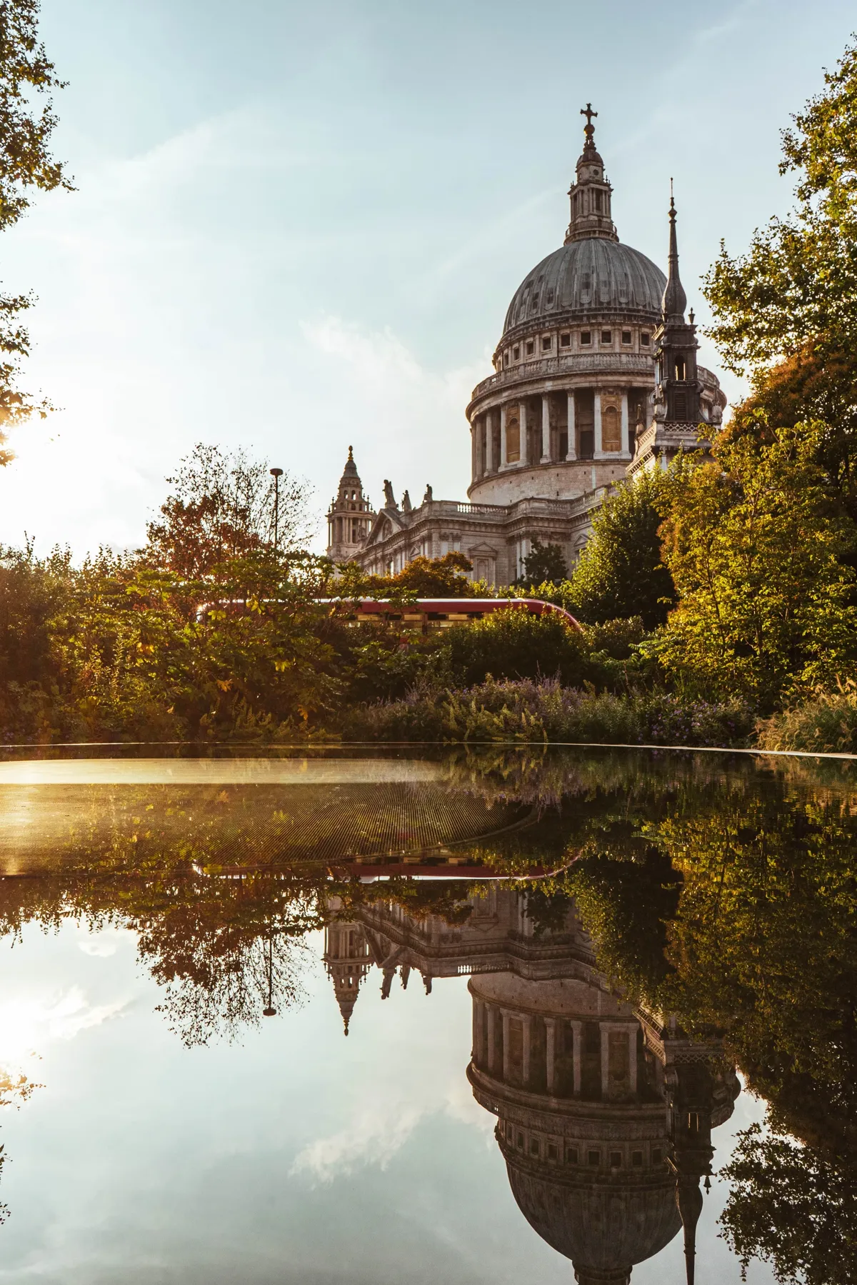 St Paul's Cathedral dome rising above green trees in warm light, reflected in a pool of water in the foreground.