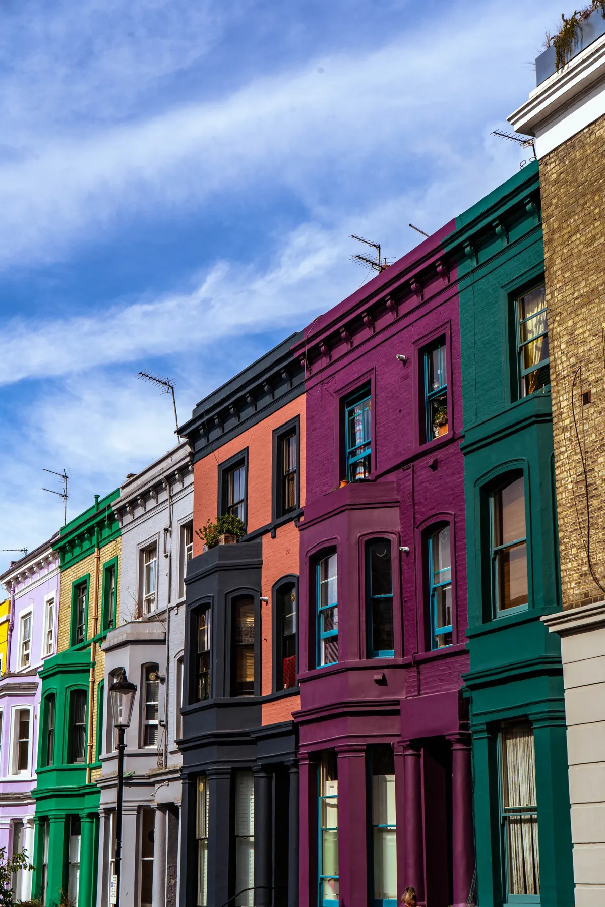 Terraced London houses painted in purple, green, orange and grey stand in a row under a blue sky.