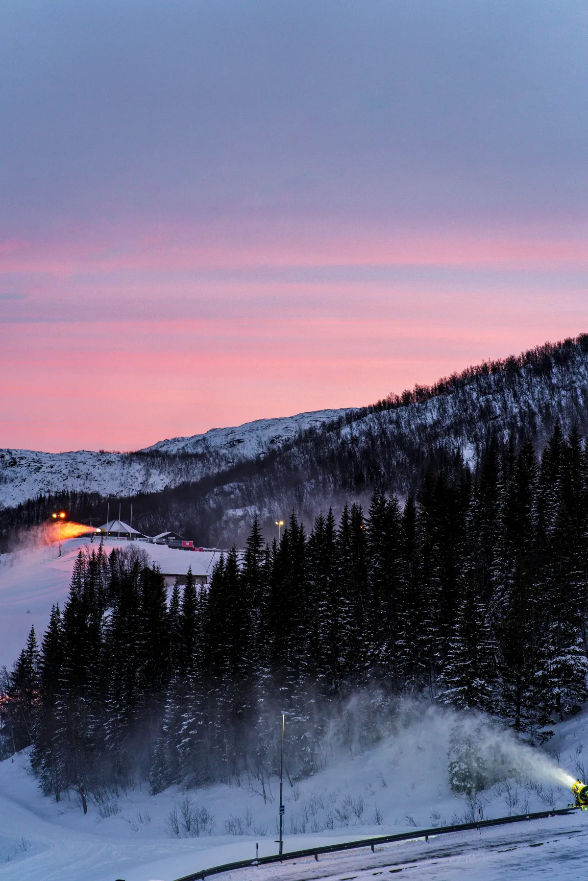 A snow cannon sprays a plume of snow beside a spruce forest under a pink dusk sky near Narvik.