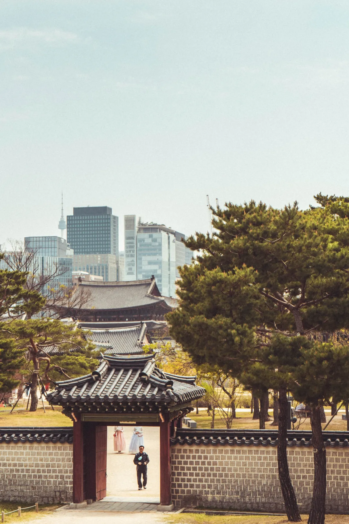 Small red gate with a tiled roof in a stone wall, a man standing in the opening, pine trees and city towers behind with N Seoul Tower on the skyline.