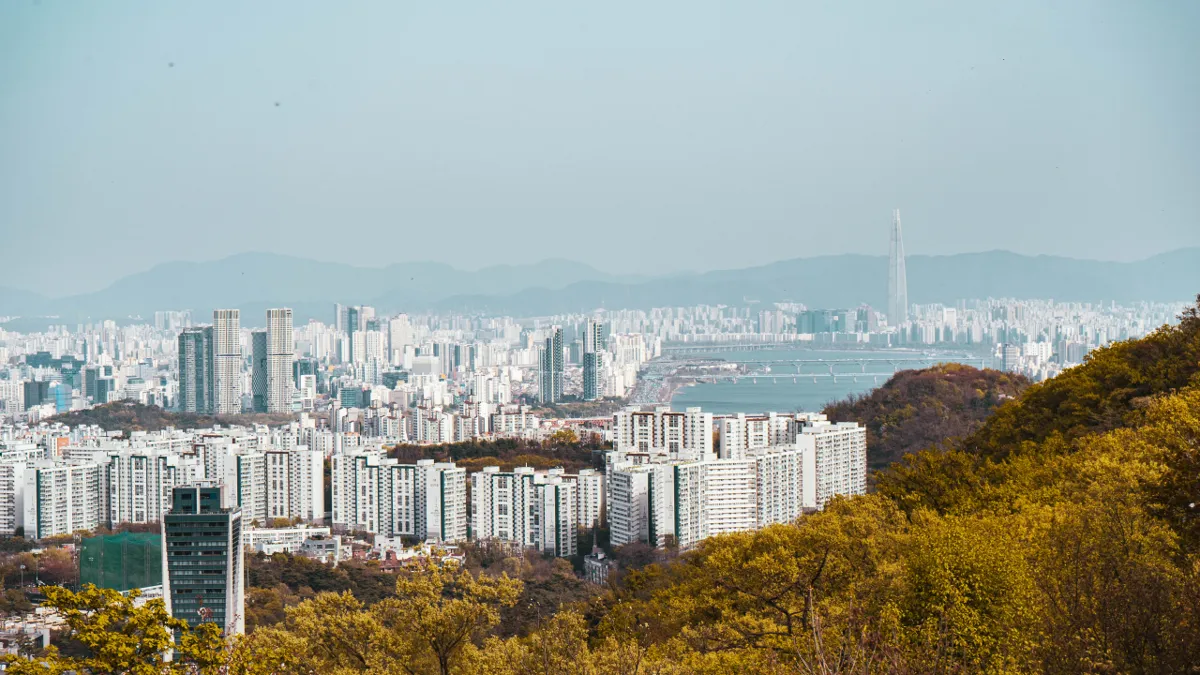 Seoul seen from a wooded hilltop, with dense apartment blocks, a wide river and a very tall tower on the far side, and hazy mountains beyond.