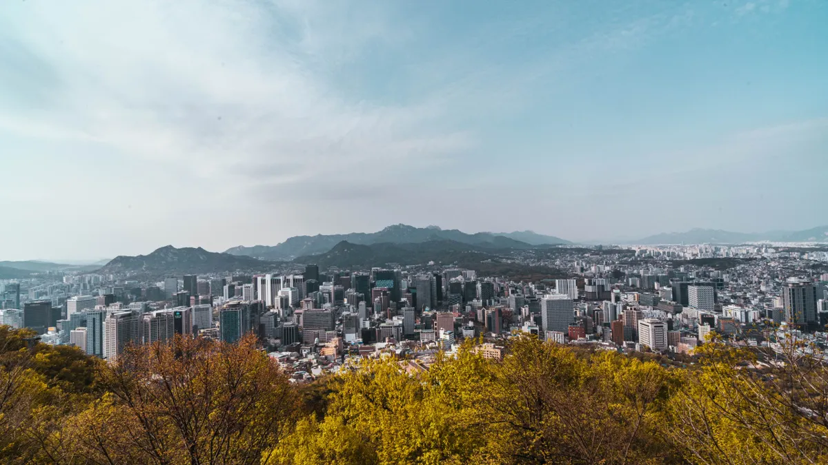 Wide view of Seoul from a hill, with towers and low buildings spread to distant mountains, yellow-green treetops in the foreground and a hazy sky.