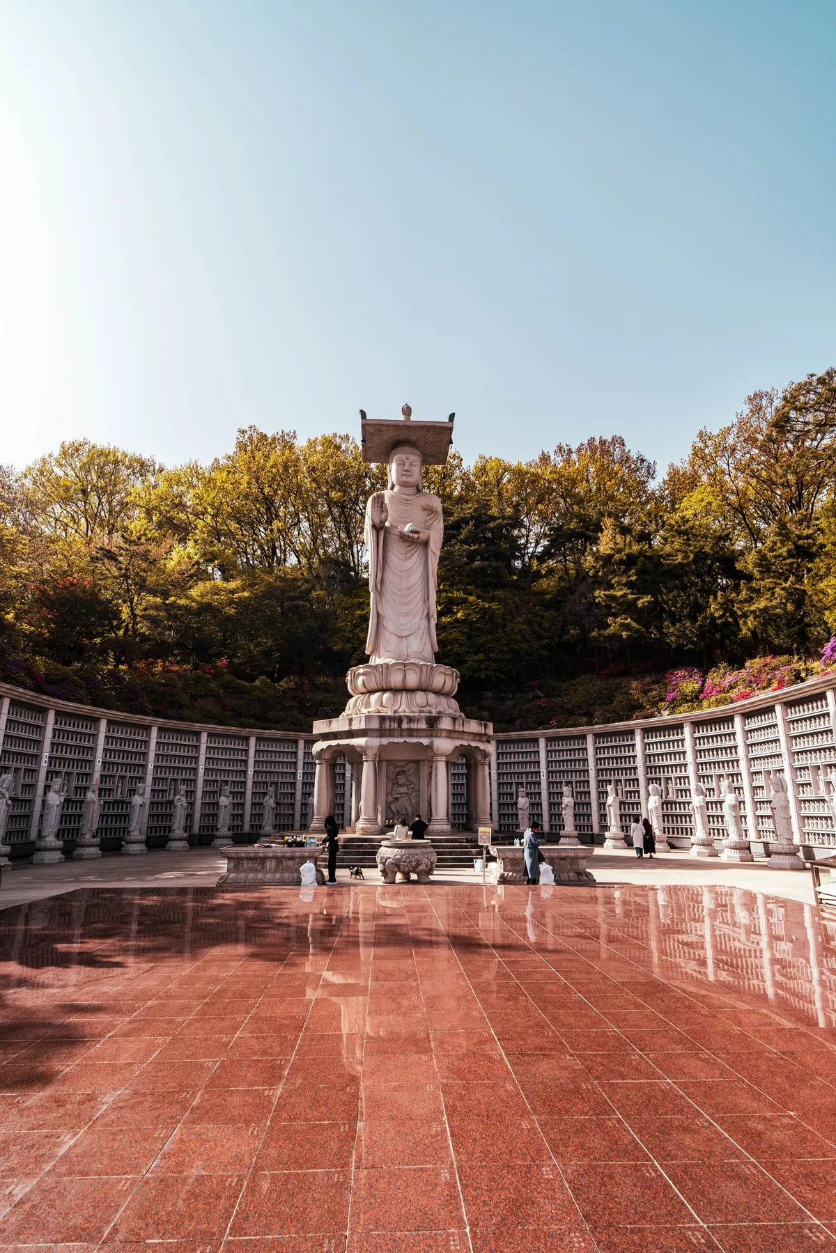 Tall white standing Buddha statue on a lotus base in a temple courtyard, a curved wall of small niches behind, autumn trees and a red polished stone floor.